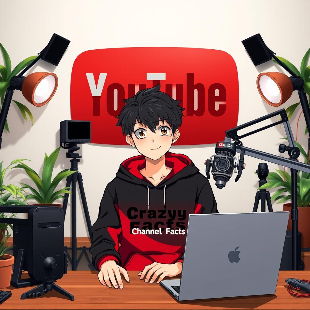 A young anime boy, around 18 years old, sitting in front of a computer desk