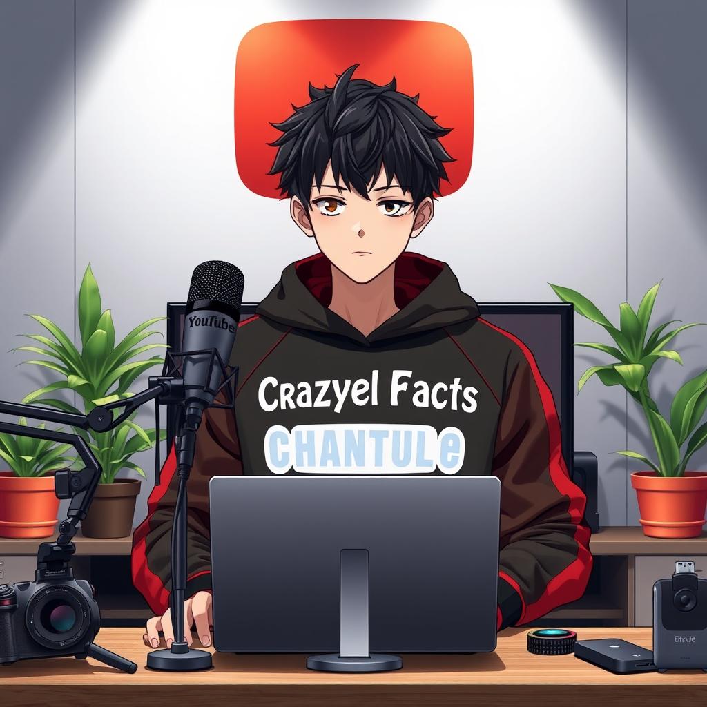 A unique depiction of an 18-year-old anime boy without a mouth, sitting in front of a modern computer desk