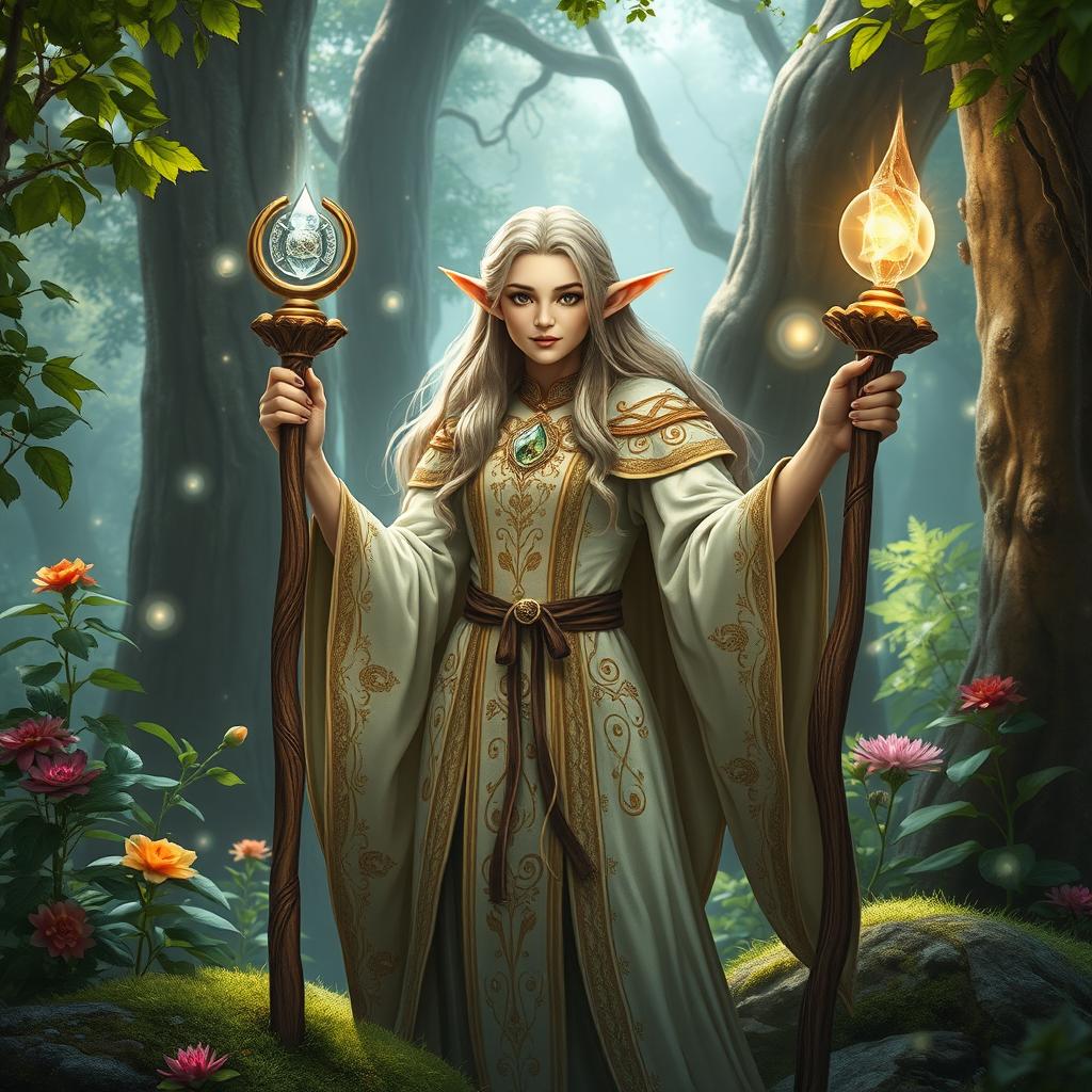 An elegant elven cleric in a mystical forest, wearing intricately detailed robes adorned with symbols of nature and magic