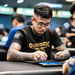 A tattooed man in an eSports jersey playing Mobile Legends on his phone at a tournament. His back is to the camera, revealing a dragon logo and the name 'QUANTIC' with the number '25' beneath and 'VOID TEAM' written below.