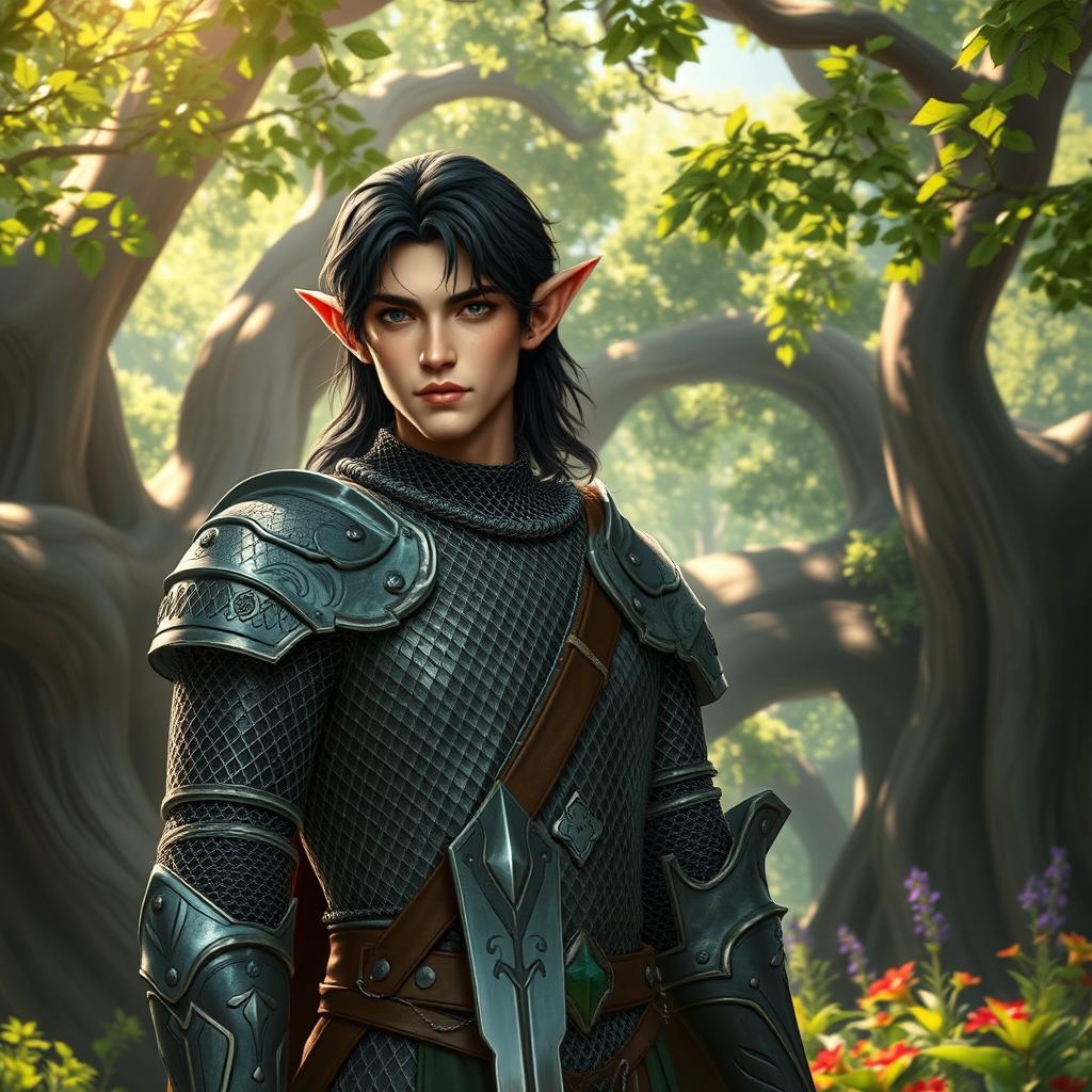 A male elf named Clerigo, featuring dark hair and wearing chainmail armor