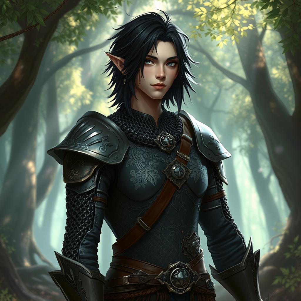 A semi-elf male character named Clerigo, with dark hair and dark eyes