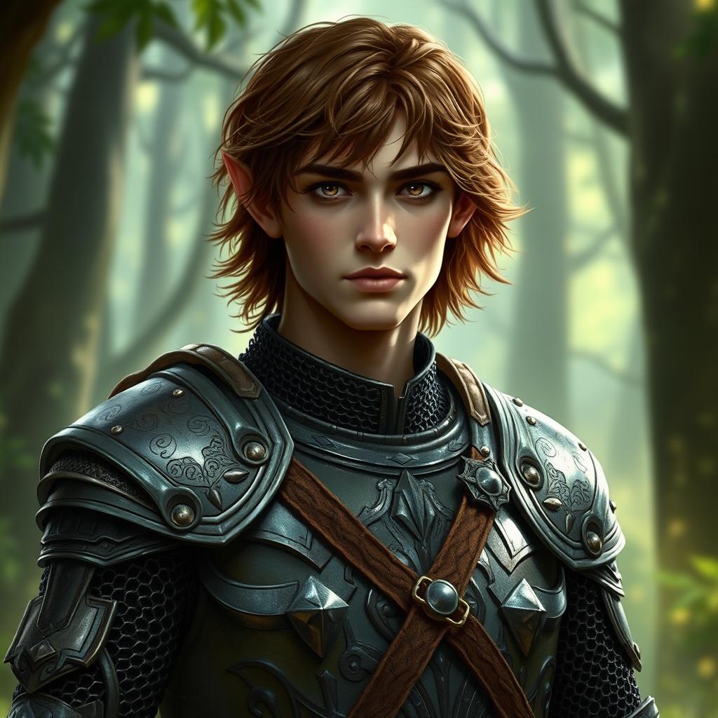 A semi-elven male cleric standing confidently, with rich brown hair and deep brown eyes