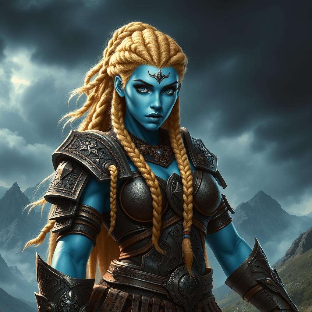A powerful female barbarian warrior, known as Goliath Trueno, with striking light blue skin