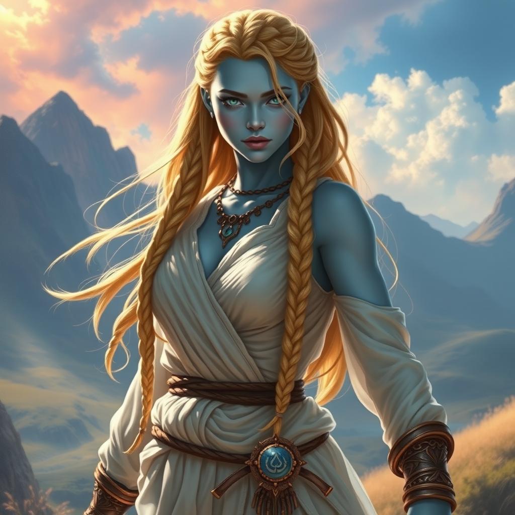 A beautifully crafted depiction of a female barbarian inspired by Goliath Trueno, featuring sky blue skin and dressed in light clothing that flows gracefully around her