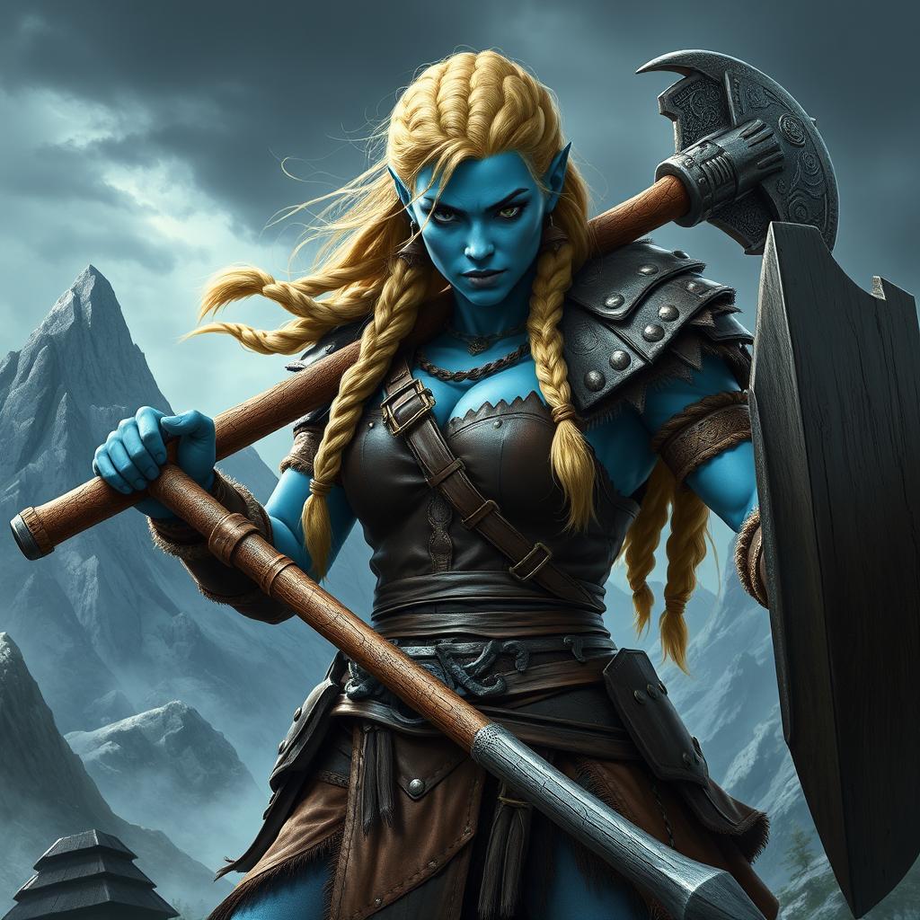 A powerful female barbarian warrior, inspired by Goliath and Trueno, characterized by her sky blue skin and wearing leather armor