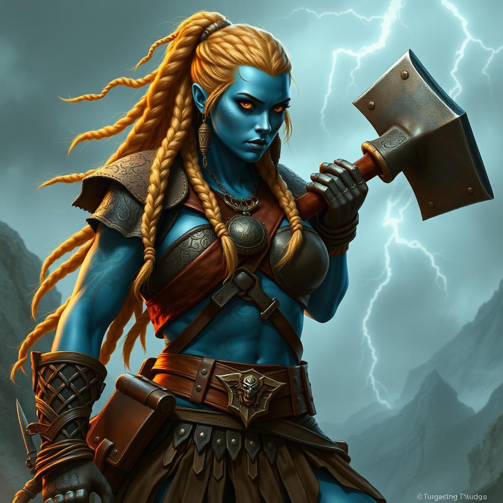 A female barbarian warrior named Goliath Trueno, featuring striking sky-blue skin adorned with intricate thunder tattoos