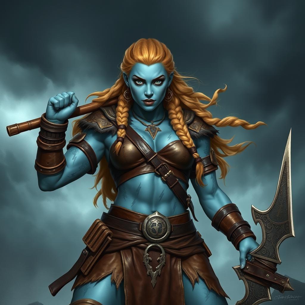 A fierce female barbarian warrior inspired by Goliath, characterized by sky blue skin and tattoos resembling thunderbolts across her body