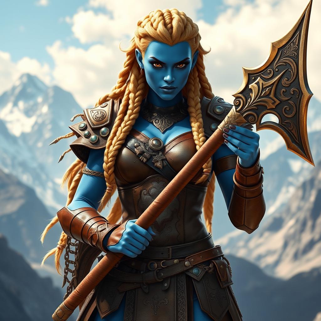 A majestic blue-skinned female warrior, representing Barbaro, the Goliath, standing confidently in a fierce pose
