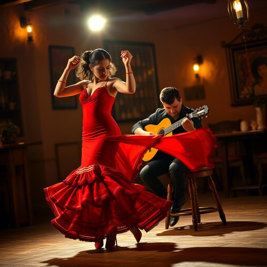 A passionate flamenco dancer in a vibrant red dress, twirling gracefully under a spotlight, her movements full of emotion and energy