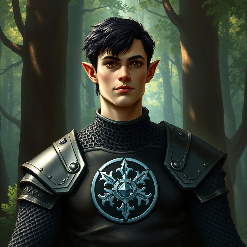 A semi-elf male cleric with dark hair and brown eyes, wearing chainmail armor