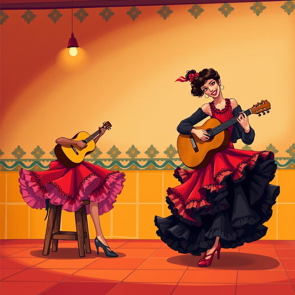 A vibrant illustration of a flamenco dancer in a traditional red and black dress, with a flowing skirt and intricate ruffles