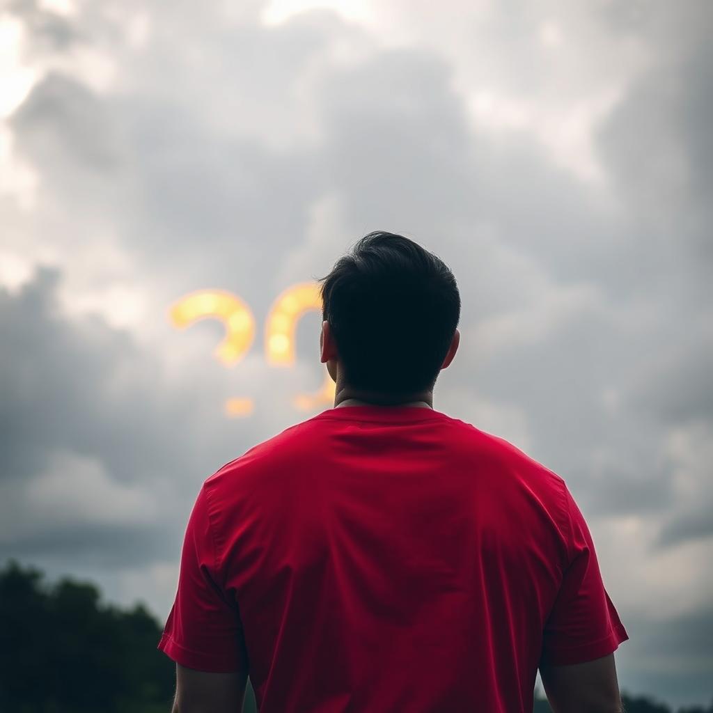 A scene capturing the back of a man wearing a vibrant red t-shirt, standing outdoors with his head tilted slightly upwards towards the sky