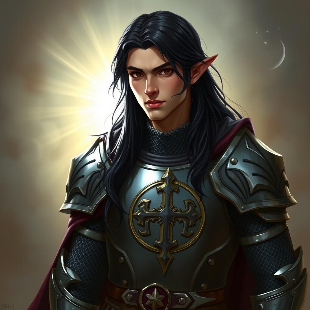 A semi-elf man named Clerigo, featuring long dark hair and brown eyes