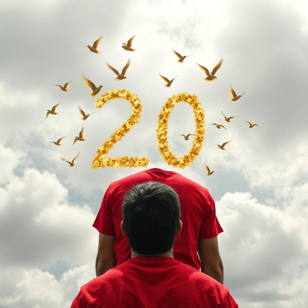 A captivating scene depicting the back of a man in a vibrant red t-shirt, gazing upwards at the sky