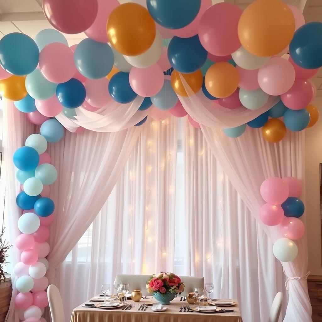 An elegantly decorated party scene featuring beautiful balloons and flowing curtains