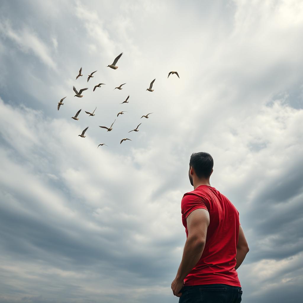 A man with a muscular build wearing a vibrant red t-shirt, standing with his back to the viewer, gazing up at a dramatic sky filled with swirling grey clouds