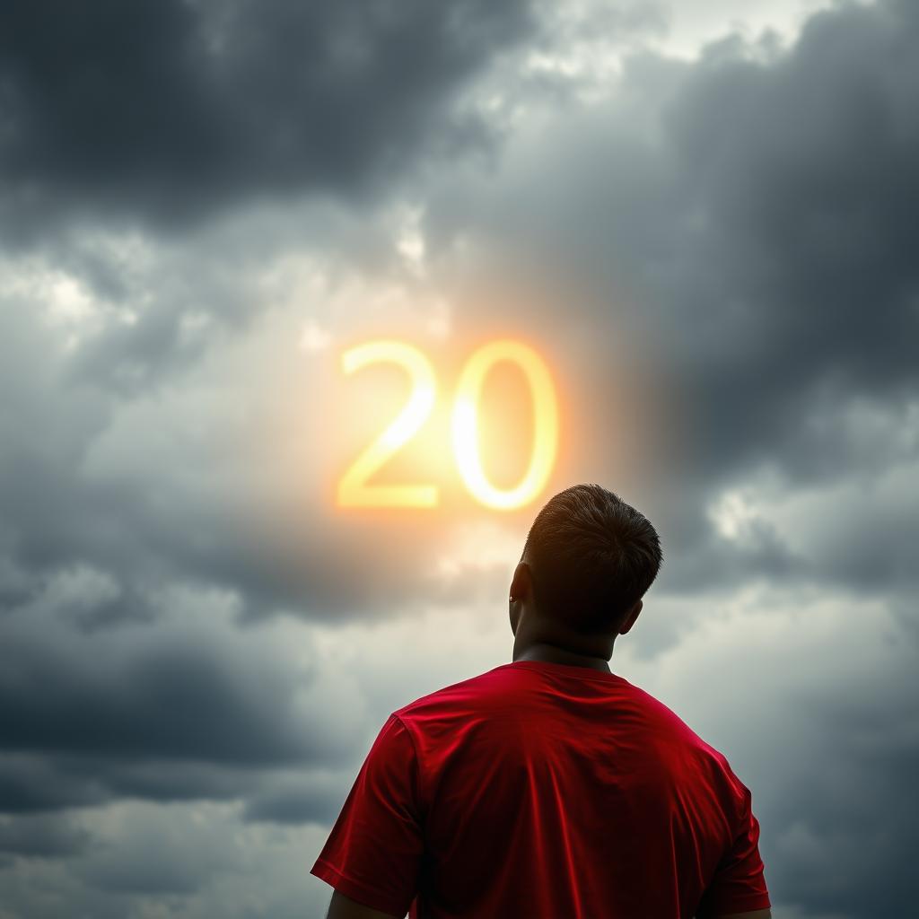 A scene showing the back of a man wearing a vibrant red t-shirt, standing with his head tilted slightly upwards as he gazes at a dramatic sky filled with dark grey clouds