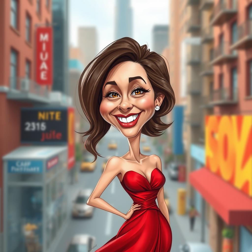 A realistic caricature of a woman wearing a stunning red dress, showcasing her unique features exaggerated in a fun way