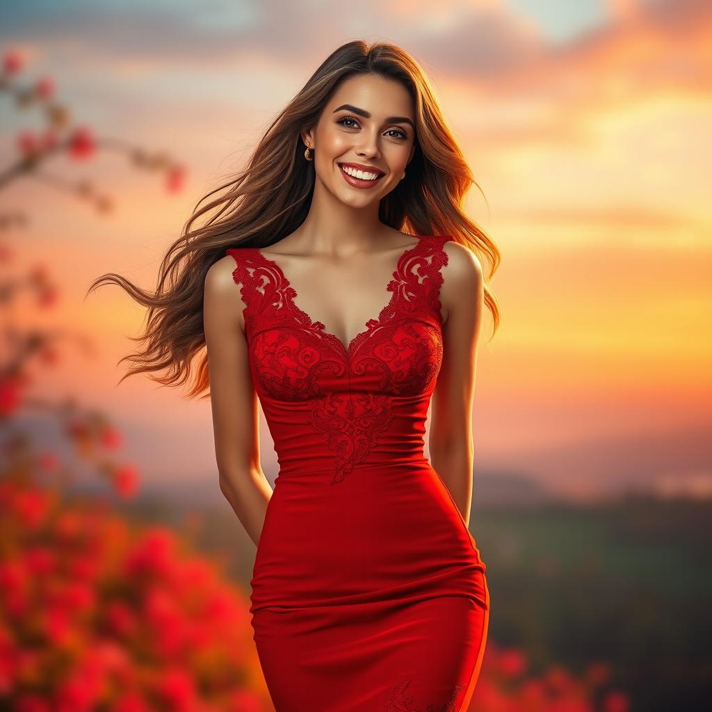 A realistic virtual image of a beautiful woman wearing a stunning red dress, elegantly styled, with long flowing hair and a joyful expression