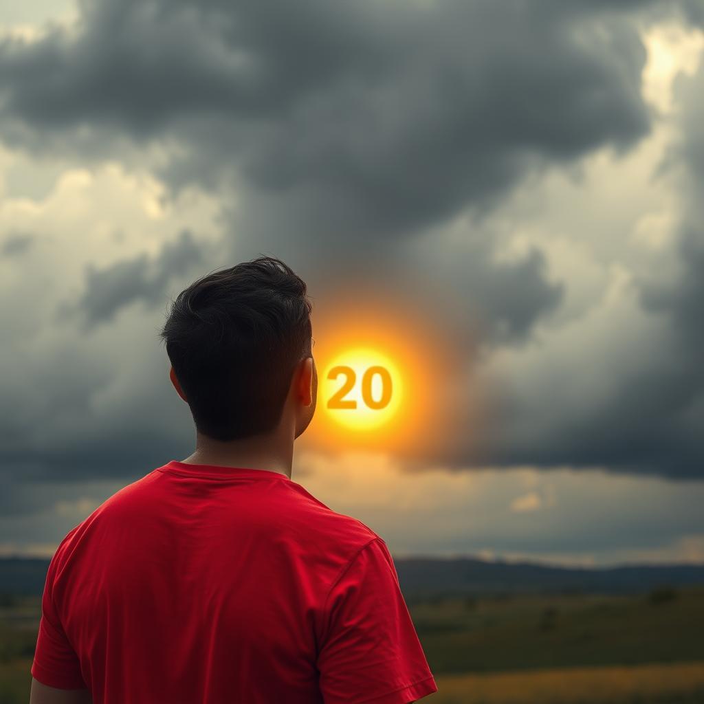 A captivating scene depicting the back of a man wearing a bright red t-shirt, standing with a relaxed posture as he gazes up at a sky filled with ominous dark grey clouds