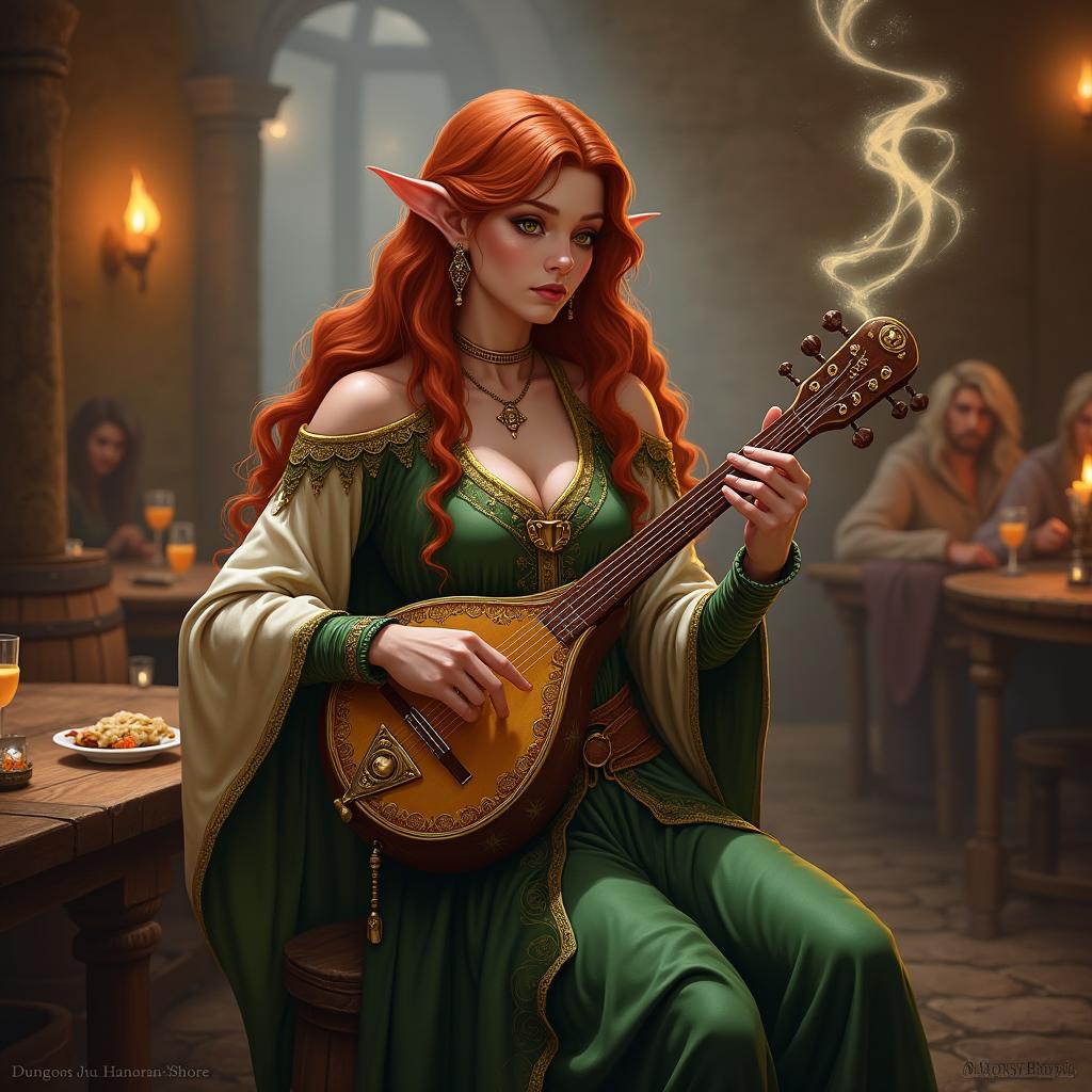 A female half-elf bard character from Dungeons & Dragons, elegantly positioned on a tavern stage, captivating the audience with her music
