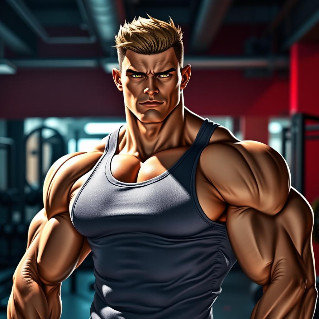 A muscular male figure showcasing an athletic physique standing in a confident pose