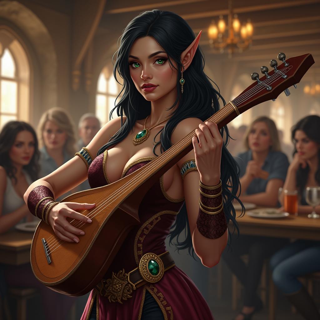A stunning female half-elf bard from Dungeons & Dragons, exuding charm and confidence as she performs