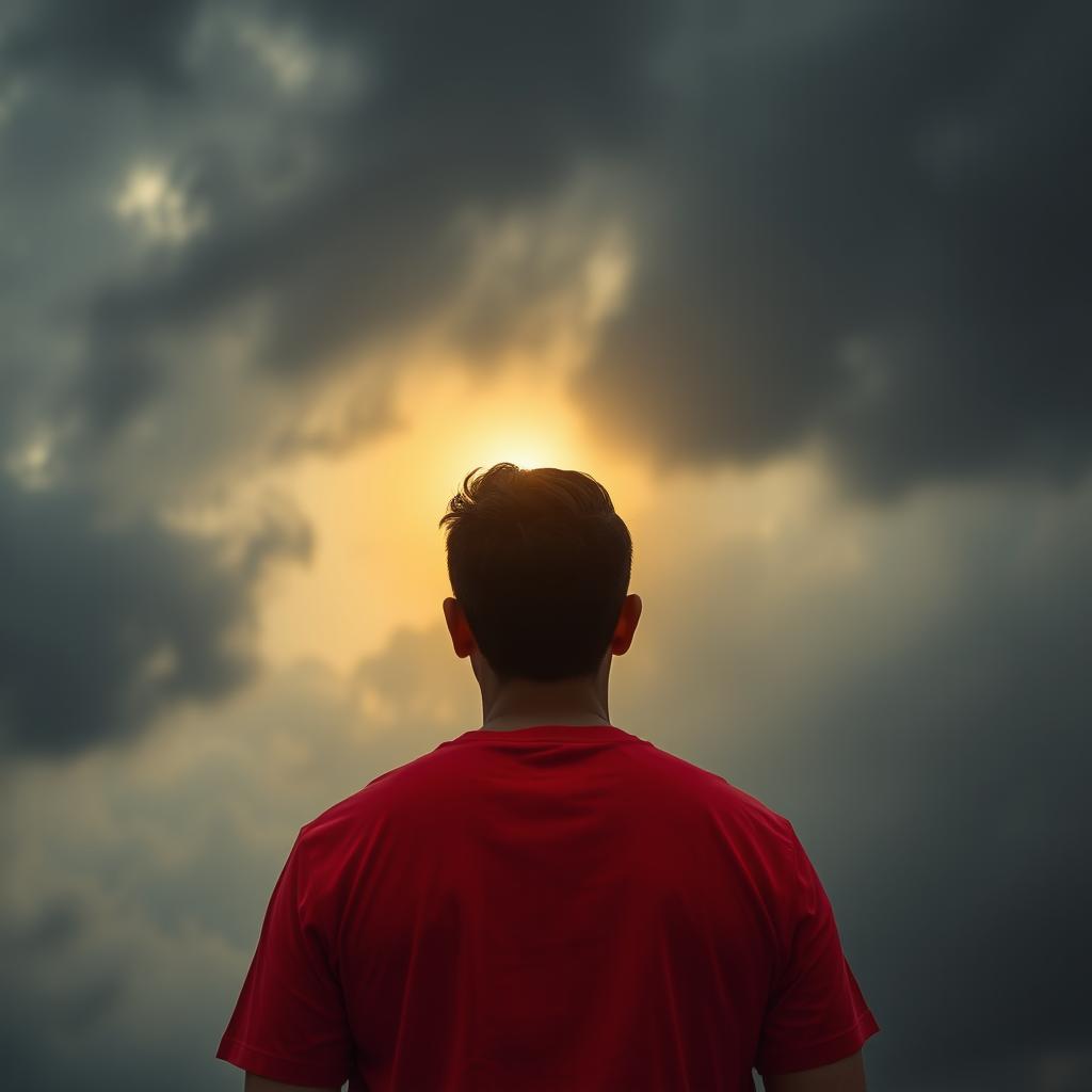 An evocative scene capturing the back of a man dressed in a bright red t-shirt, standing with his shoulders relaxed as he gazes up at a sky dominated by dark grey clouds