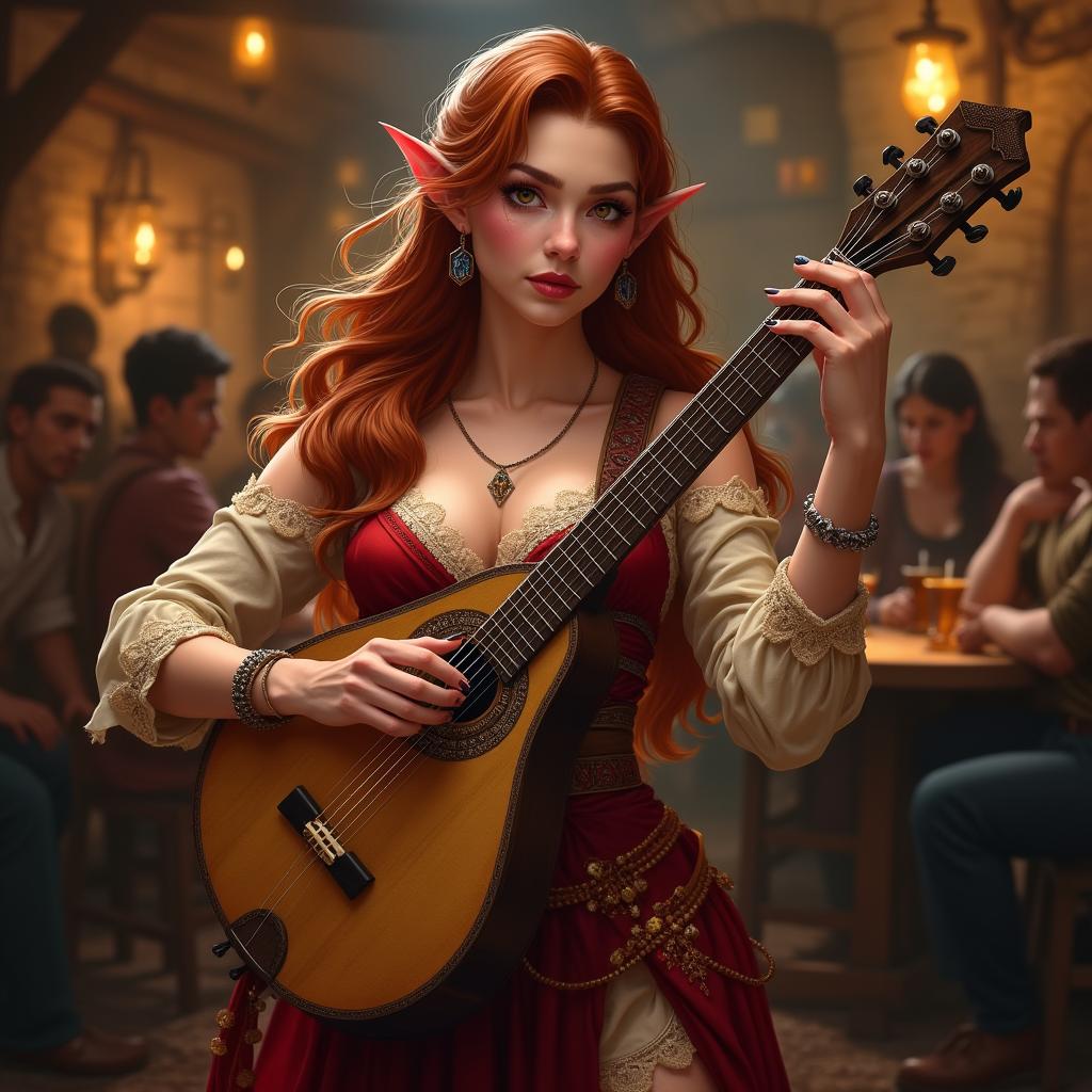 A strikingly attractive female half-elf bard from Dungeons & Dragons, exuding allure and confidence as she performs on stage