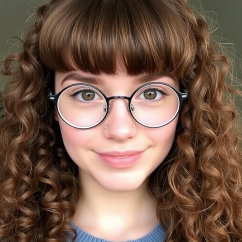 A young woman with very long, brown curly hair adorned with a square bang
