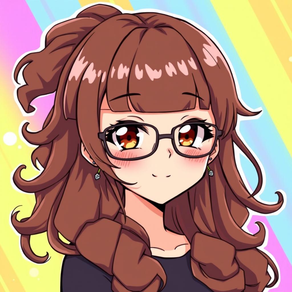 A manga girl character featuring very long, flowing brown curly hair styled with a square bang that frames her face