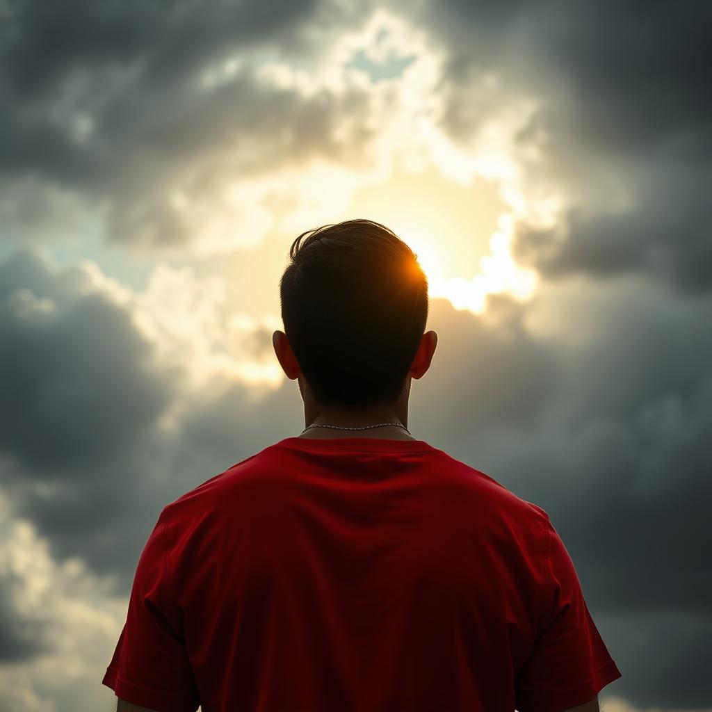 A vivid image capturing the back of a man clad in a bright red t-shirt, standing still with his shoulders relaxed as he gazes upwards at a turbulent sky filled with dark grey clouds