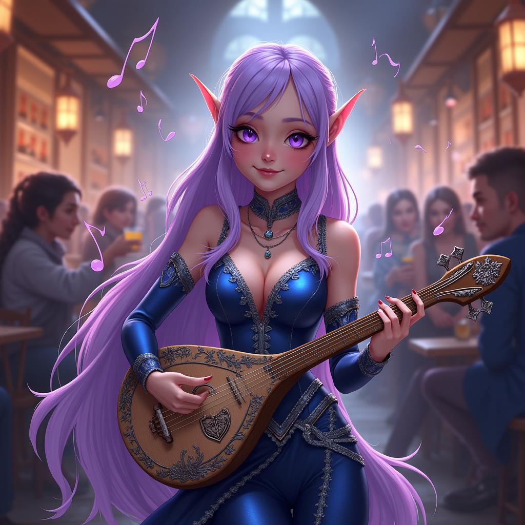 An anime-style illustration of a stunning female half-elf bard from Dungeons & Dragons