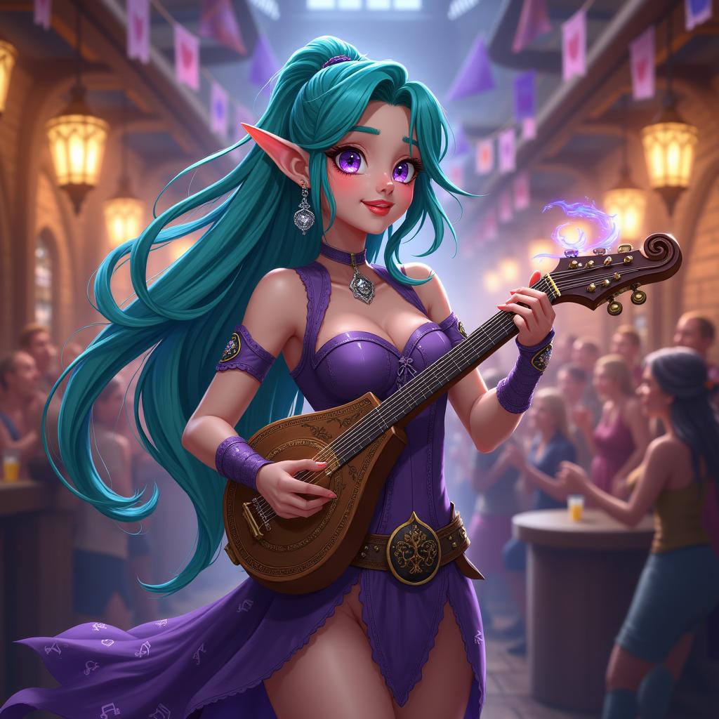 An attractive female half-elf bard from Dungeons & Dragons in a vibrant anime style
