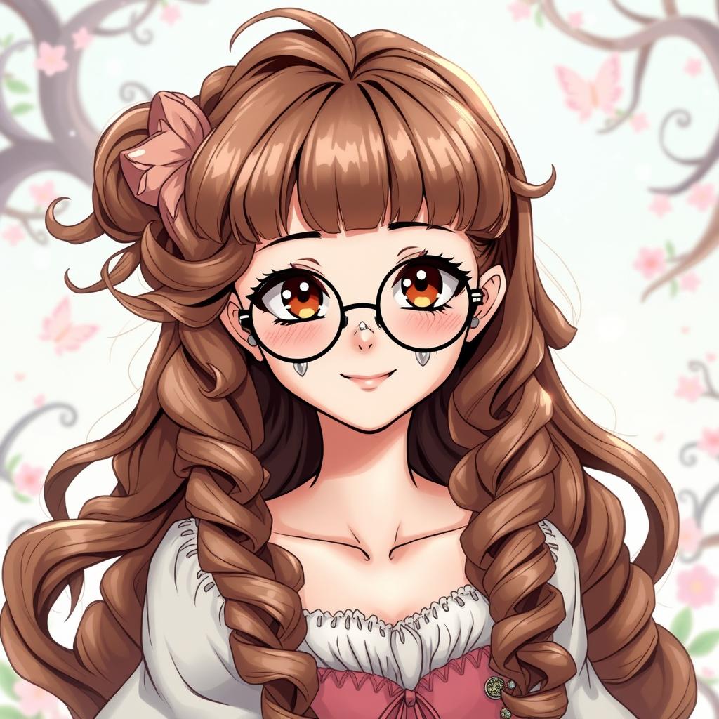 A fantasy manga girl with very long, flowing brown curly hair styled with a square bang