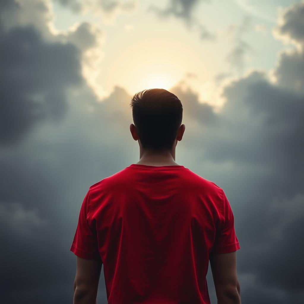 A striking image of a man viewed from the back, wearing a bright red t-shirt, standing in quiet contemplation as he looks up at a sky filled with dark grey clouds
