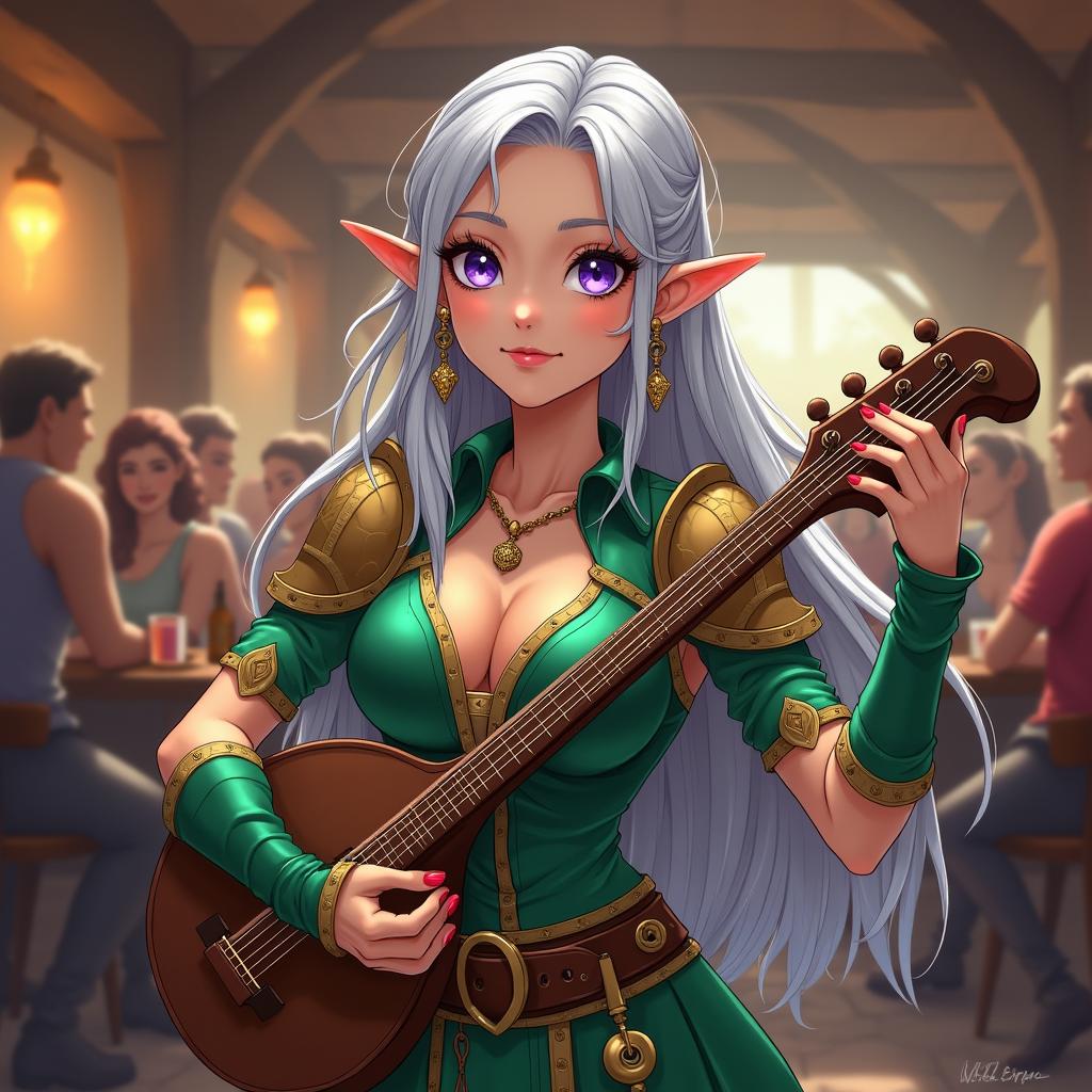 A captivating female half-elf bard character from Dungeons & Dragons, depicted in a vibrant anime style
