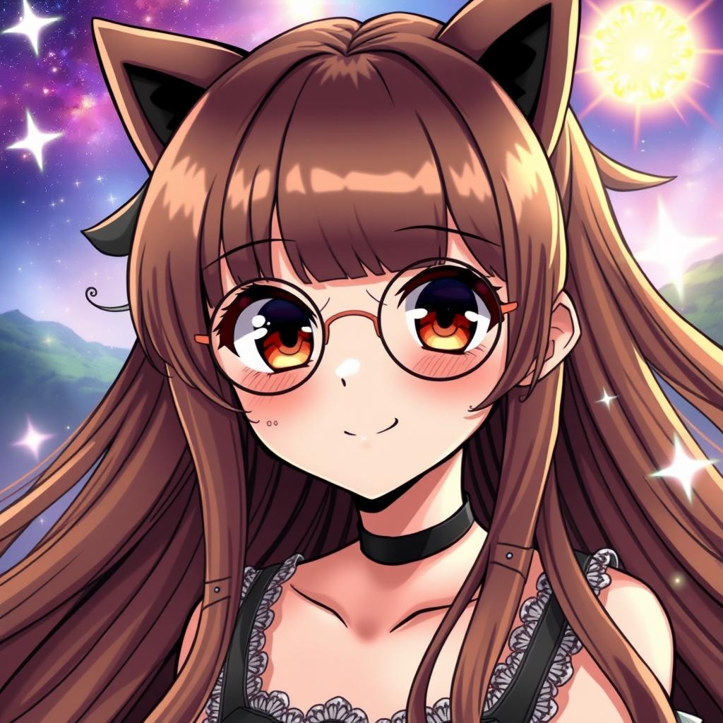 A fantasy manga girl with very long, flowing brown hair styled with a square bang, large brown eyes, wearing round glasses