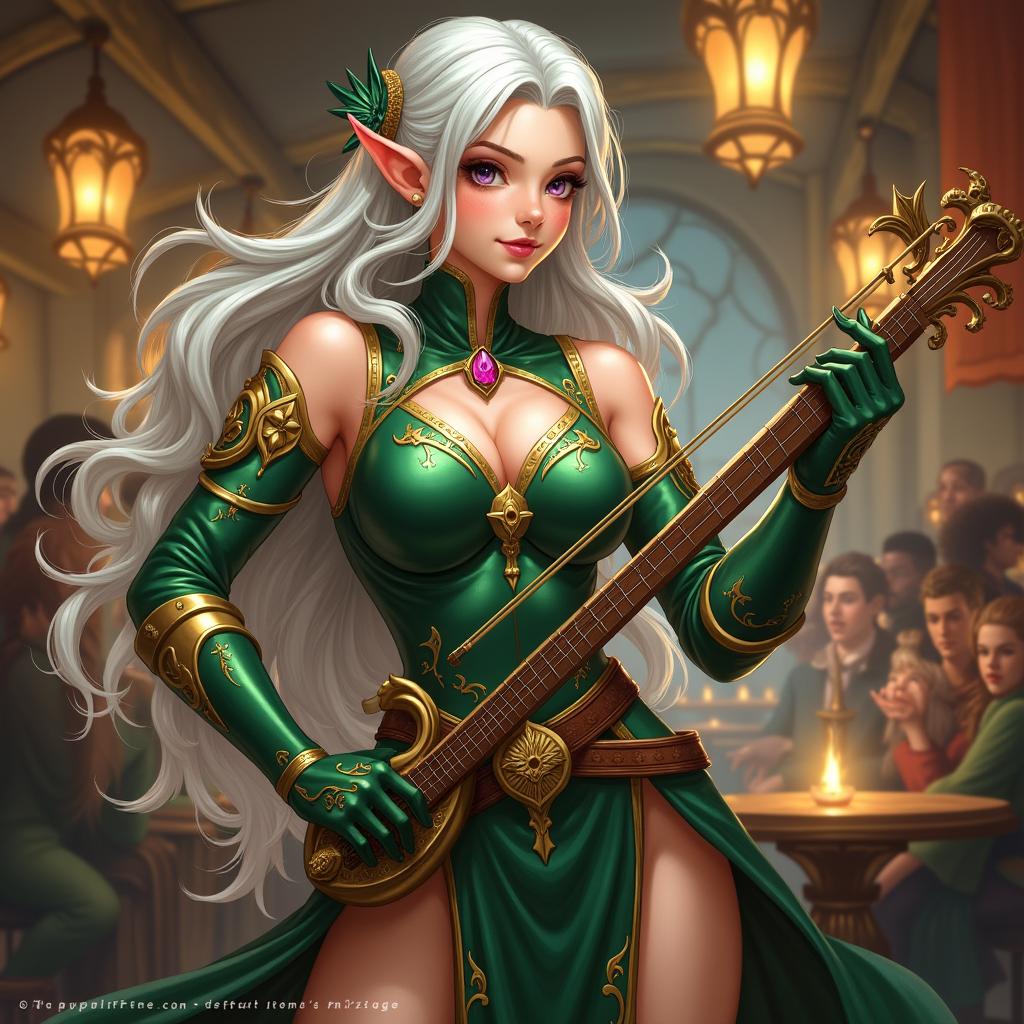 An alluring female half-elf bard from Dungeons & Dragons, illustrated in a vibrant anime style