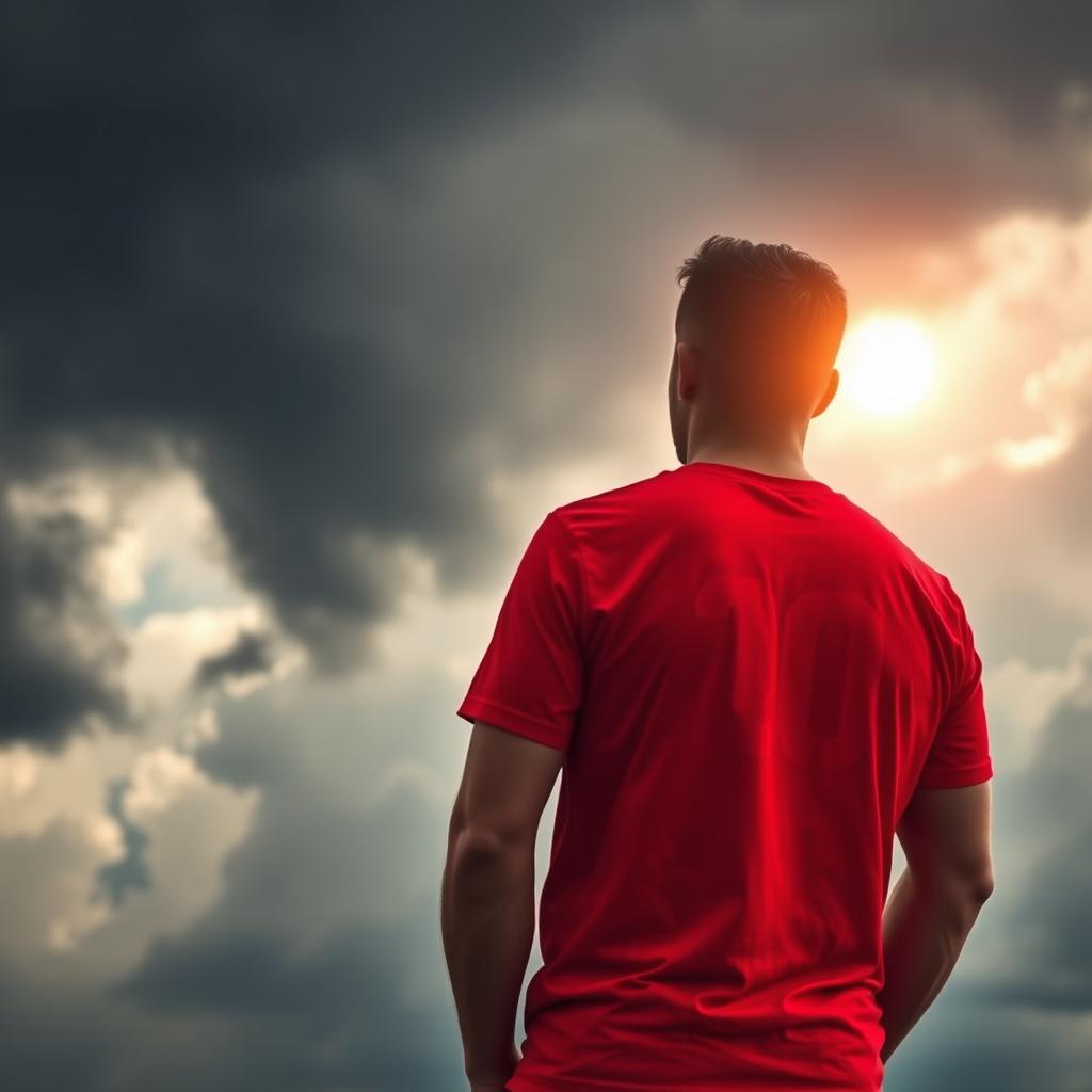 An atmospheric scene depicting the back of a man wearing a bright red t-shirt, standing confidently as he looks up at a dramatic sky filled with dark storm clouds