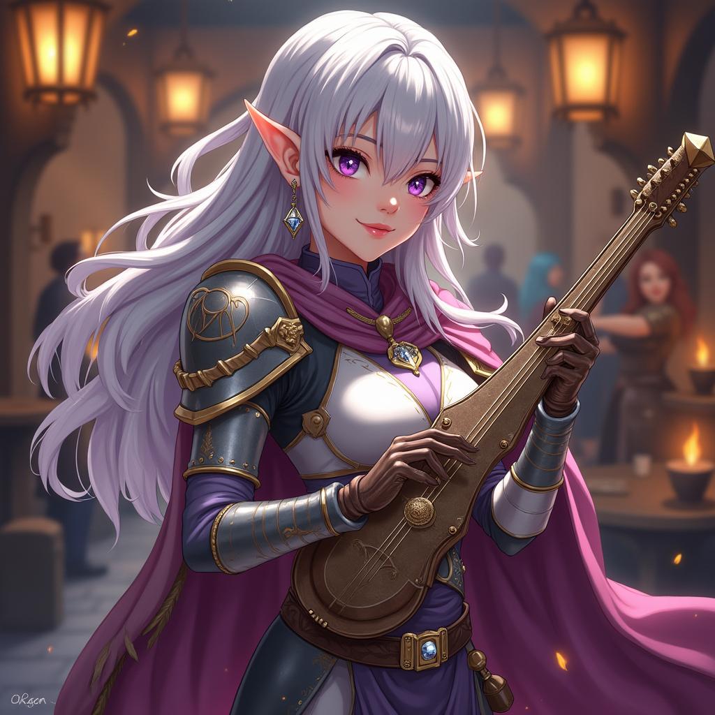 An anime-style depiction of a stunning female half-elf bard from Dungeons & Dragons, embodying both beauty and strength
