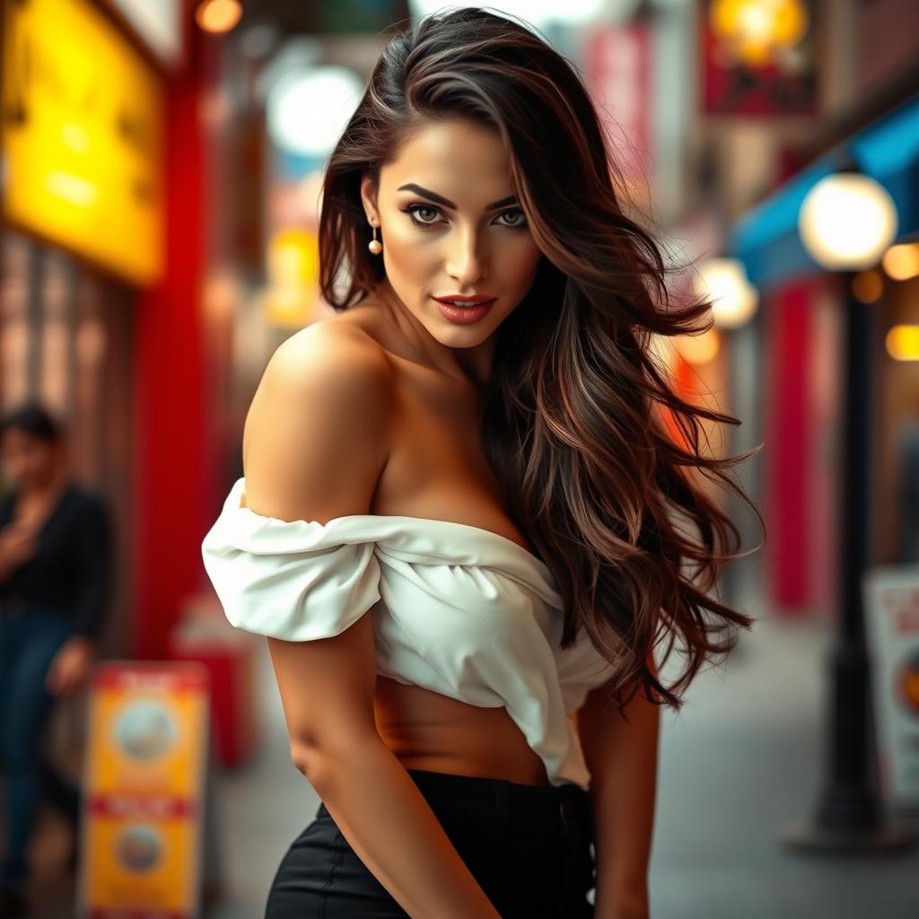 A stunning brunette woman bending over gracefully, revealing an elegant posture and a confident expression