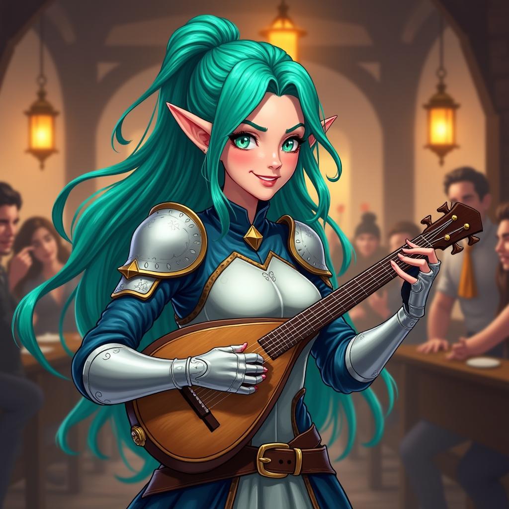 An attractive female half-elf bard in a Dungeons & Dragons setting, illustrated in an anime style