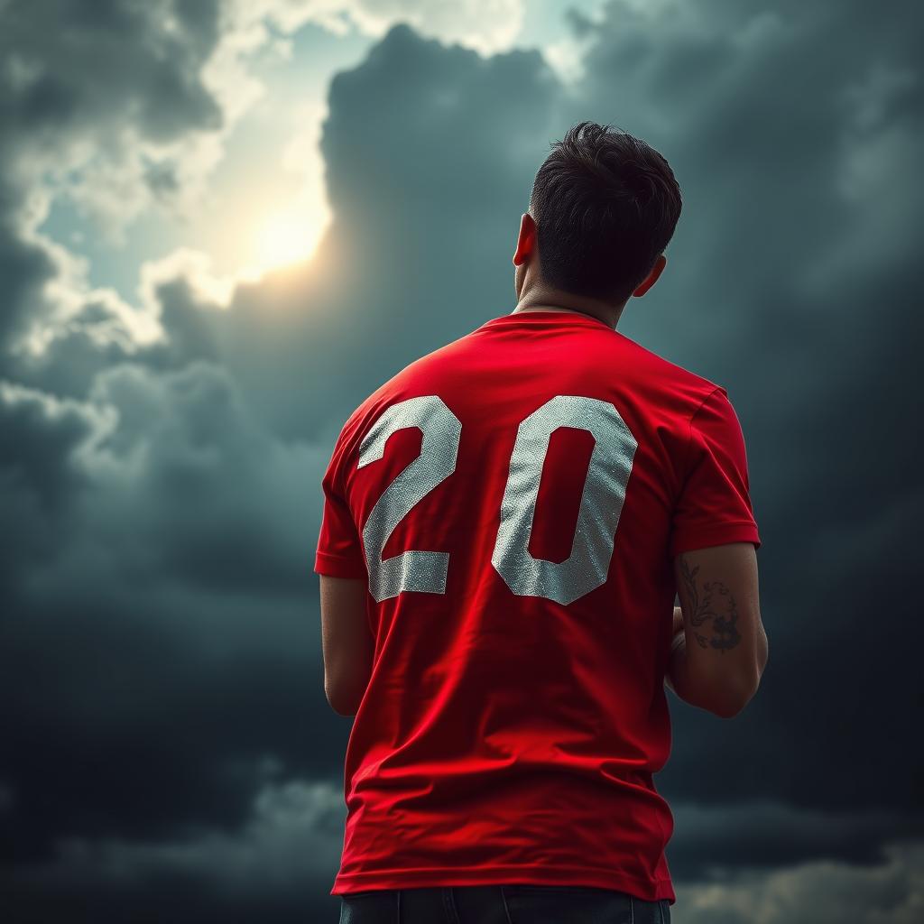 An evocative image depicting the back of a man wearing a vivid red t-shirt, standing with a composed posture as he gazes up at a sky filled with dark, ominous storm clouds