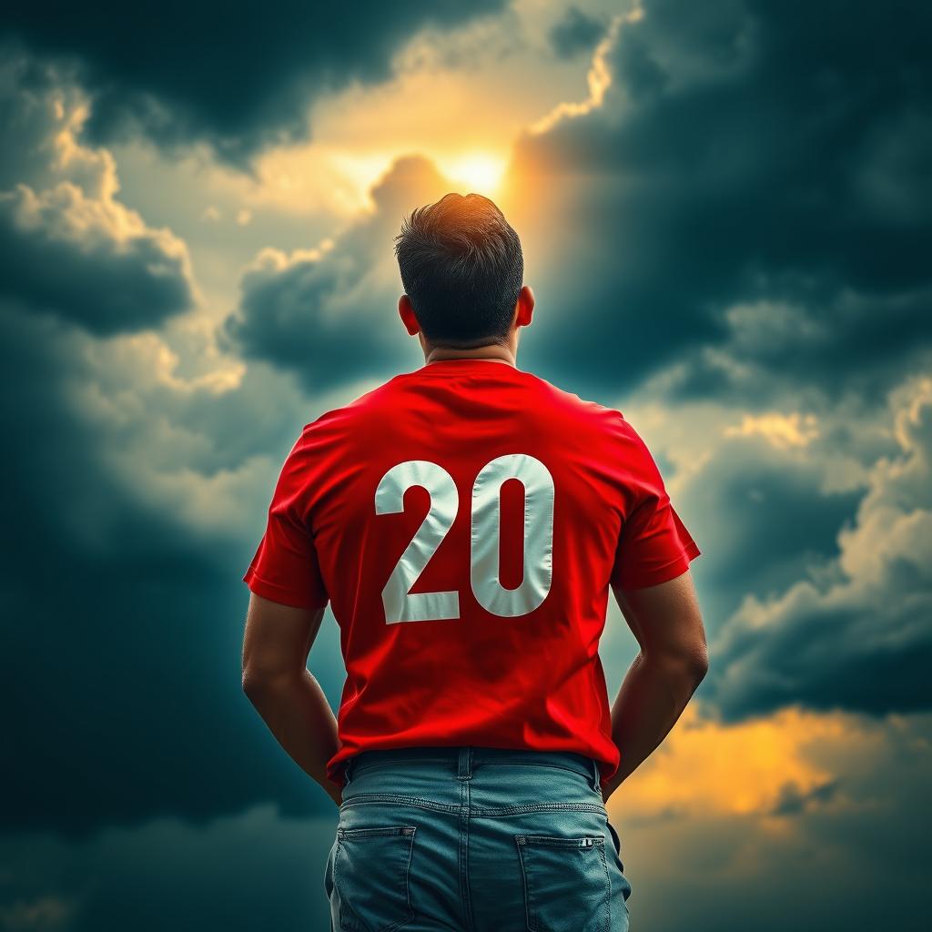 An evocative image showcasing the back of a man dressed in a vibrant red t-shirt, standing with a relaxed stance as he gazes upwards at a sky filled with tumultuous storm clouds