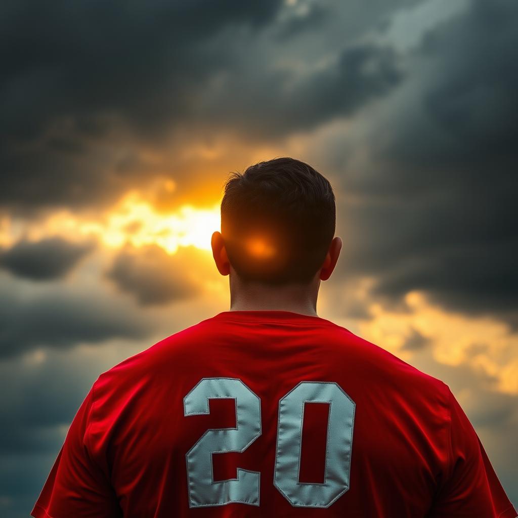 An evocative image capturing the back of a man wearing a vibrant red t-shirt, gazing up at a sky brimming with dark storm clouds