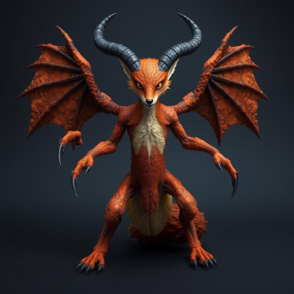 A stunning and intimidating hybrid creature with a slender, elongated body resembling that of a fox, covered in rough, reddish-orange fur that mimics the texture of stone
