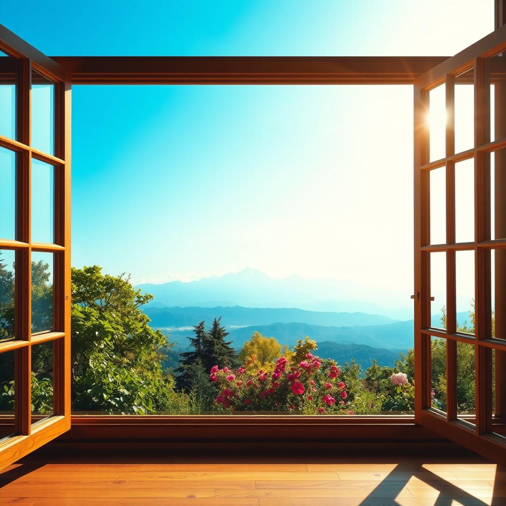 A beautiful scenic view of a distant mountain range under a clear blue sky, seen through an open window with wooden frames