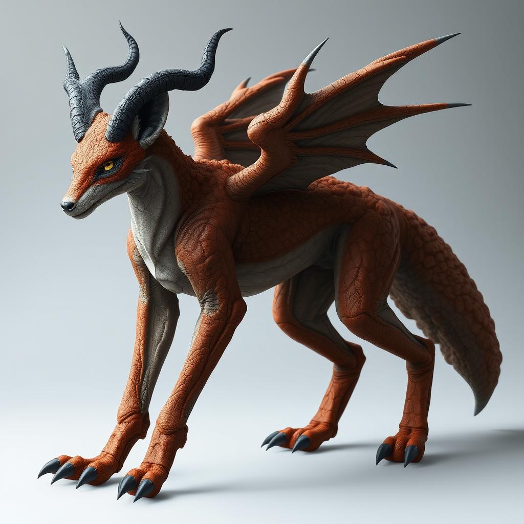 A stunning and intimidating quadrupedal fox with a slender, elongated body covered in rough, reddish-brown fur that mimics the texture of stone